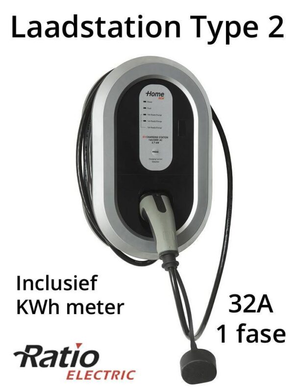 EV Laadstation type 2, 32A, rechte laadkabel + KWh meter