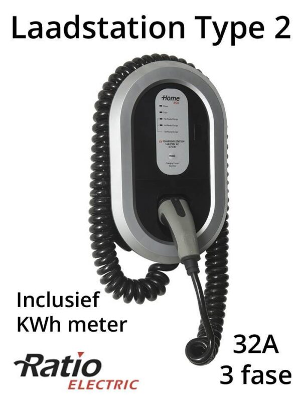 EV Laadstation type 2, 32A, 3 fase, laadkabel spiraal + KWh meter